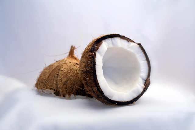 Eine in 2 Hälften gespaltene Kokosnuss vor weißem Hintergrund