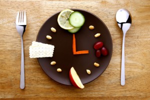 Man sieht einen Teller mit verschiedenen Lebensmitteln die wie ein Ziffernblatt angeordnet sind