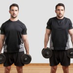 Sportler trainiert Shrugs mit der Kurzhantel - auch Schulterhochziehen genannt