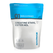 Eine Tüte "Kreatin Ethyl Ester HCL" vor weißem Hintergrund