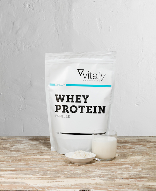 Ein Beutel des Whey-Proteins von vitafy essentials (Eigenmarke)