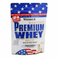 Eine Packung Weider Premium Whey mit US-Flagge