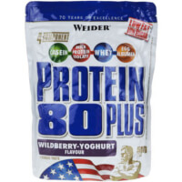 Eine Packung Weider Protein 80 Plus mit US-Flagge