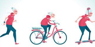 Im Comic-Stil ist eine alte Frau zu sehen, die läuft, rad fährt und skatet