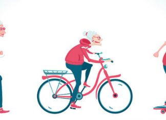 Im Comic-Stil ist eine alte Frau zu sehen, die läuft, rad fährt und skatet